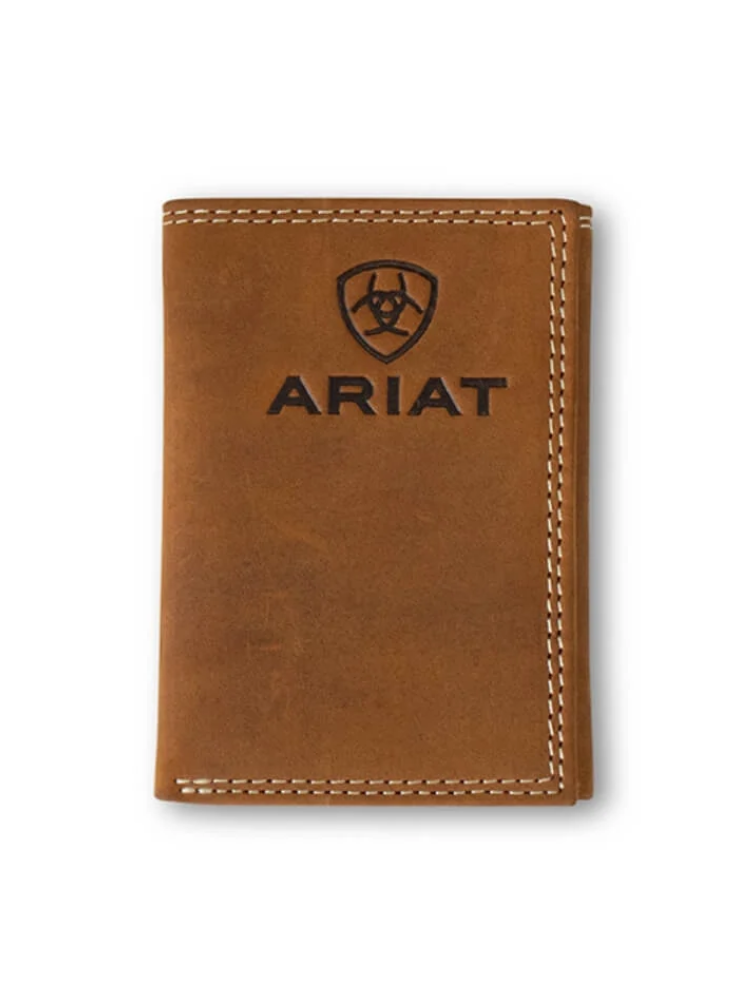 Portefeuille Trifold Logo embossé Ariat en cuir brun