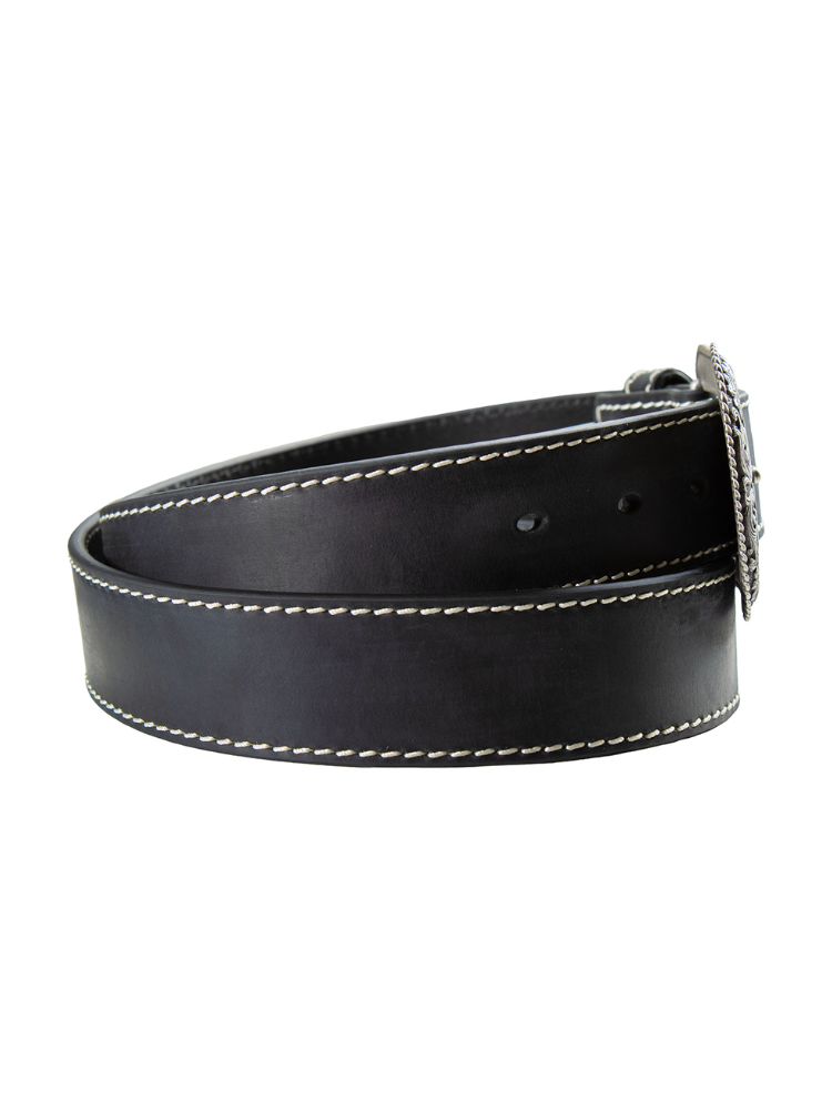 Black leather Western belt with reinforced stitching - Women