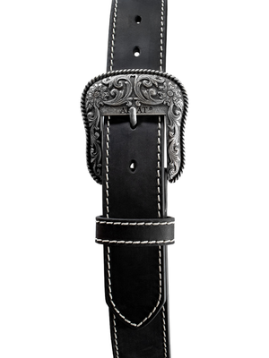 Black leather Western belt with reinforced stitching - Women