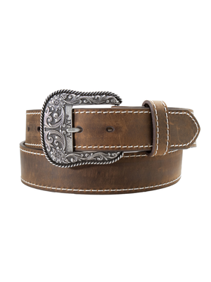 Ceinture Western en cuir brun avec coutures renforcées - Femme