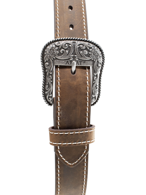Ceinture Western en cuir brun avec coutures renforcées - Femme