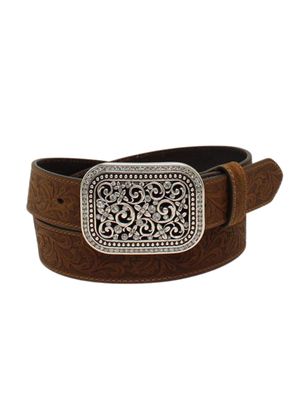 Women's Western Floral Embossed Belt with Buckle