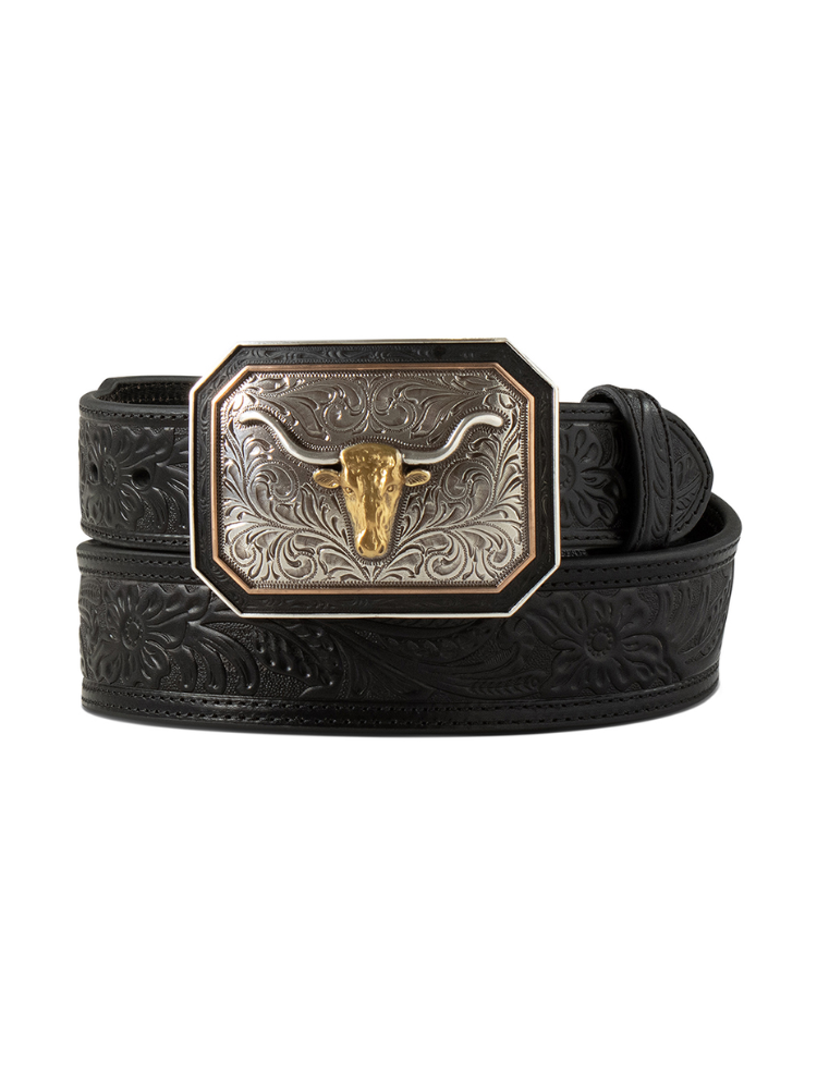Ceinture de cuir Noire avec boucle longhorn - Homme
