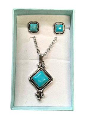 Square Turquoise Stone Necklace & Earrings