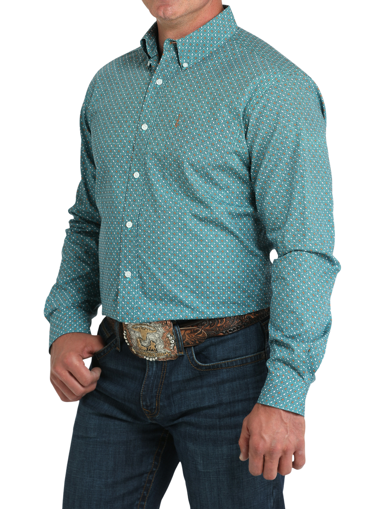 Chemise Western Géométrique Turquoise et Orange - Homme
