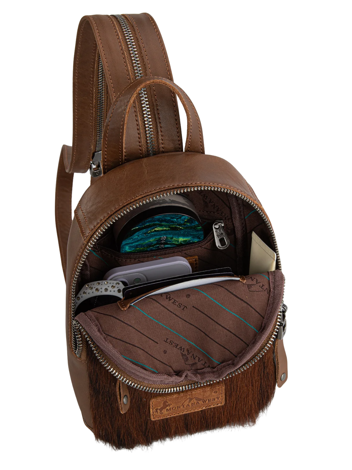 Genuine Leather Convertible Sling Backpack with Cowhide