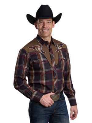 Chemise western à carreaux bruns avec appliqués - Homme