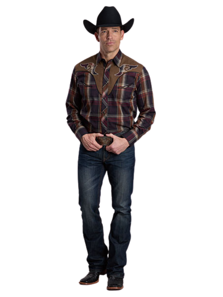 Chemise western à carreaux bruns avec appliqués - Homme