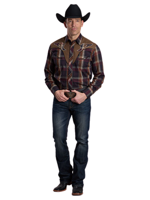 Chemise western à carreaux bruns avec appliqués - Homme