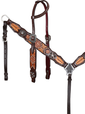 Ensemble Bride oreille & Bricole western Ranch Blossom avec rênes