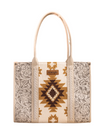 Grand sac fourre-tout à motif aztèque et cuir gravé