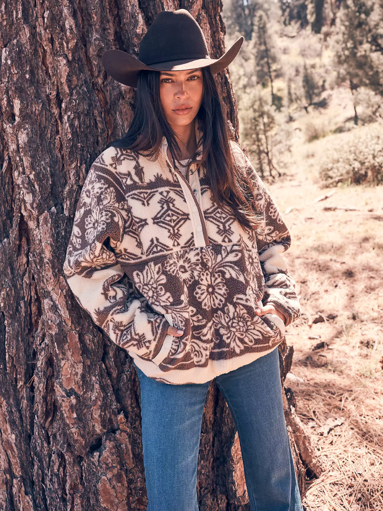 Veste de sherpa Retro Big Sky Floral Horses Crème - Femme