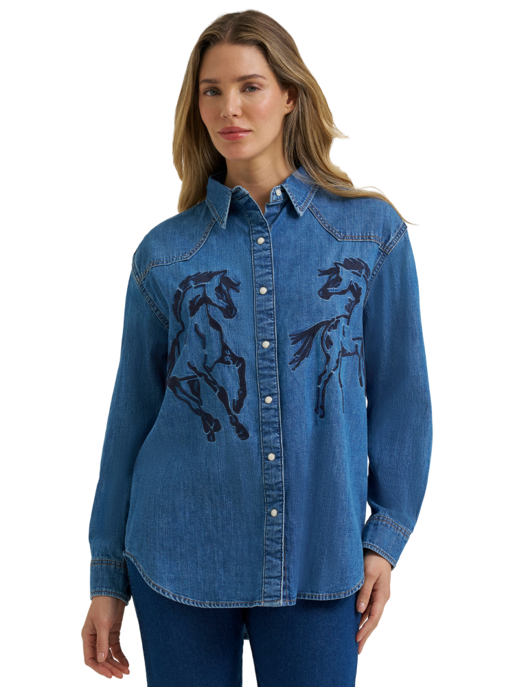 Chemise western de denim Retro® Horses Boyfriend- Femme