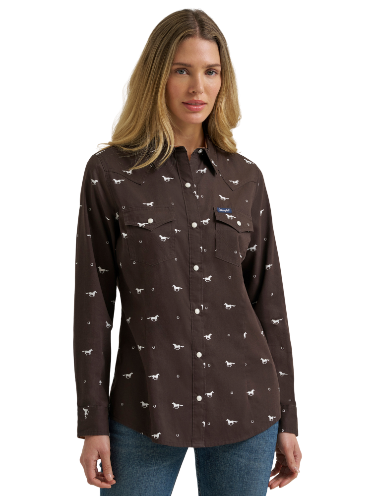 Chemise Western Brune Chevaux - Femme