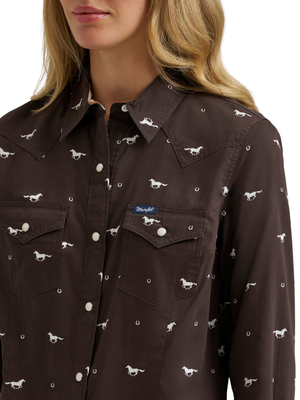 Chemise Western Brune Chevaux - Femme