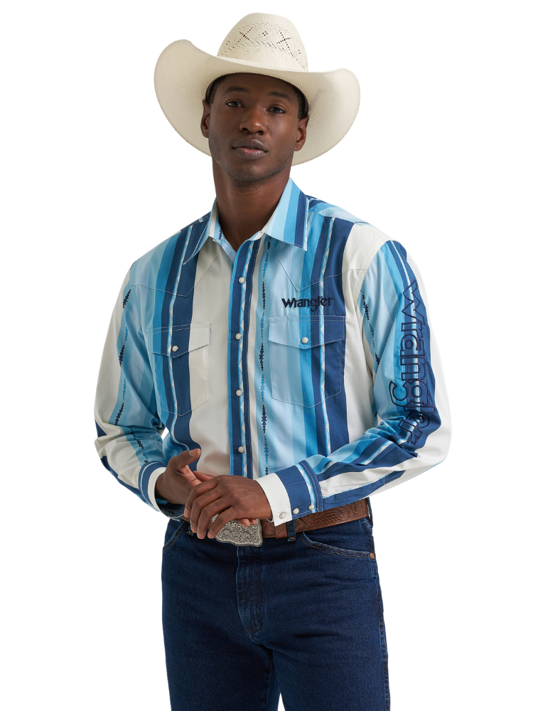 Men's Vintage Striped Western Shirt with Embroidered Sleeve