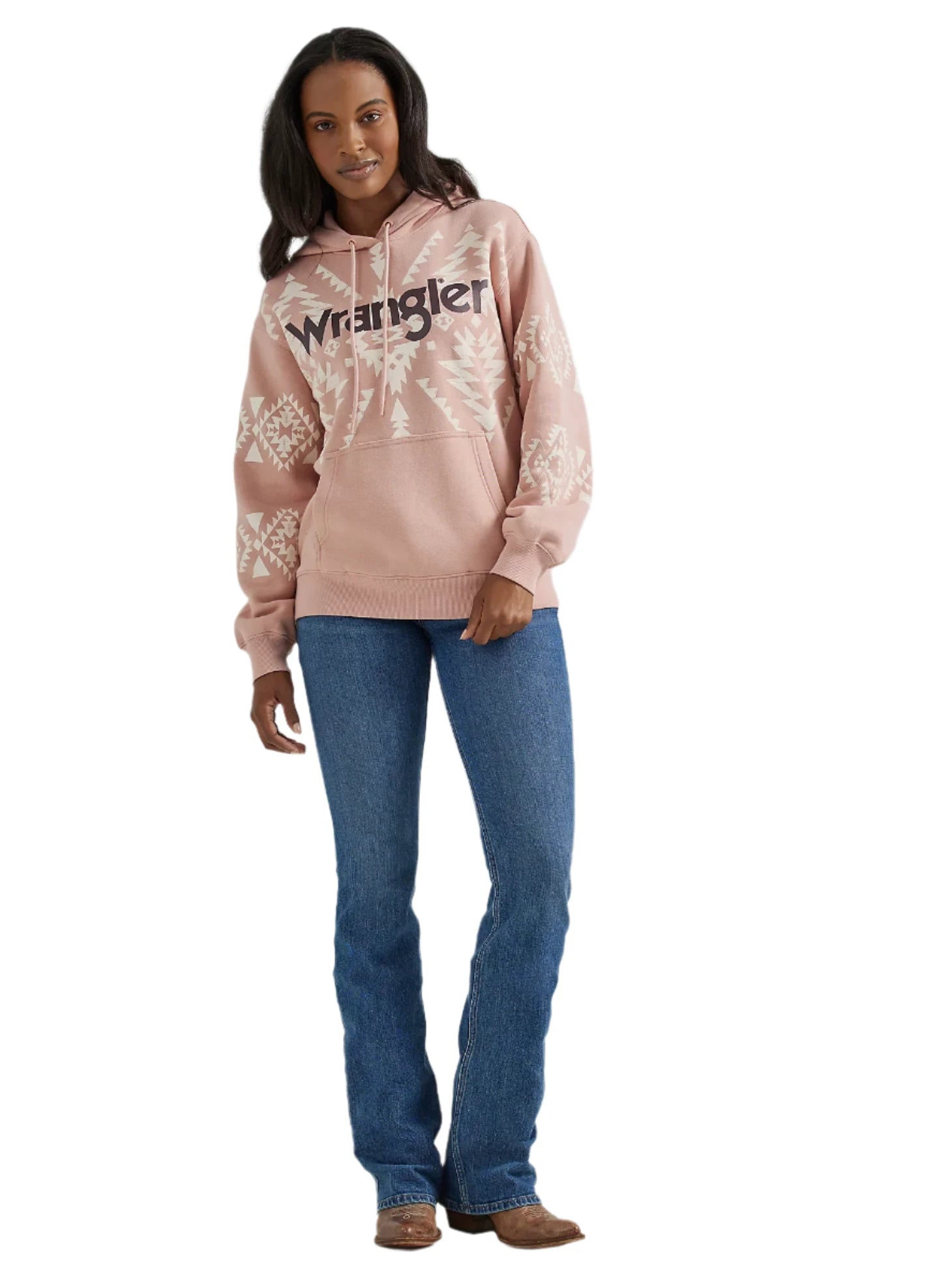 Women's Southwest Kabel Hoodie in the shade Pink geo from Wrangler, farther front shot.